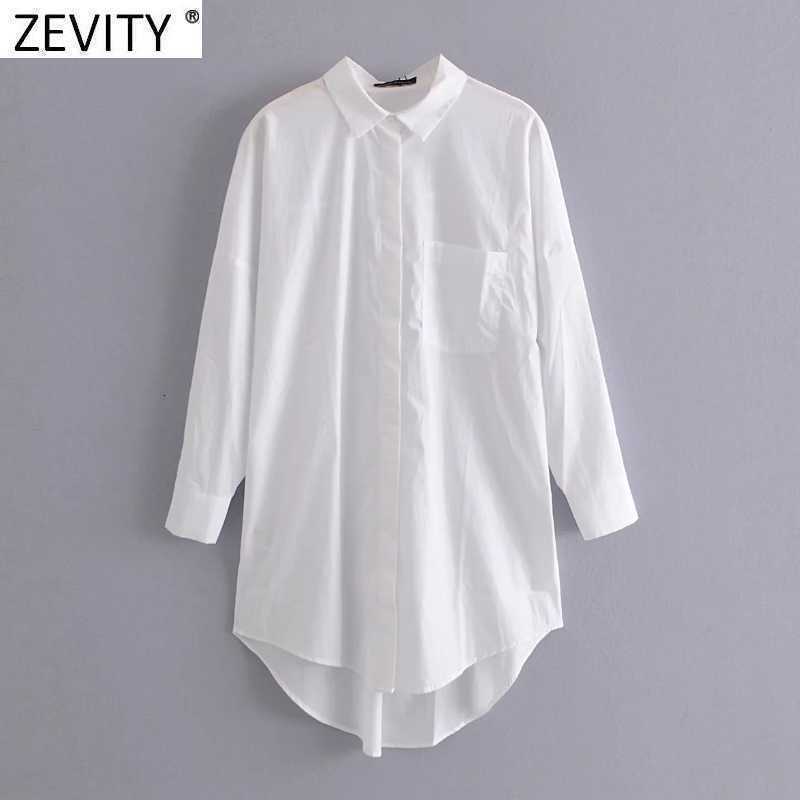 Zevity Women Simply Pocket Patch Casual Long Blouse Ladies Long Sleeve Business Shirt Chic Femme Breasted Blusas Tops LS7346 210603