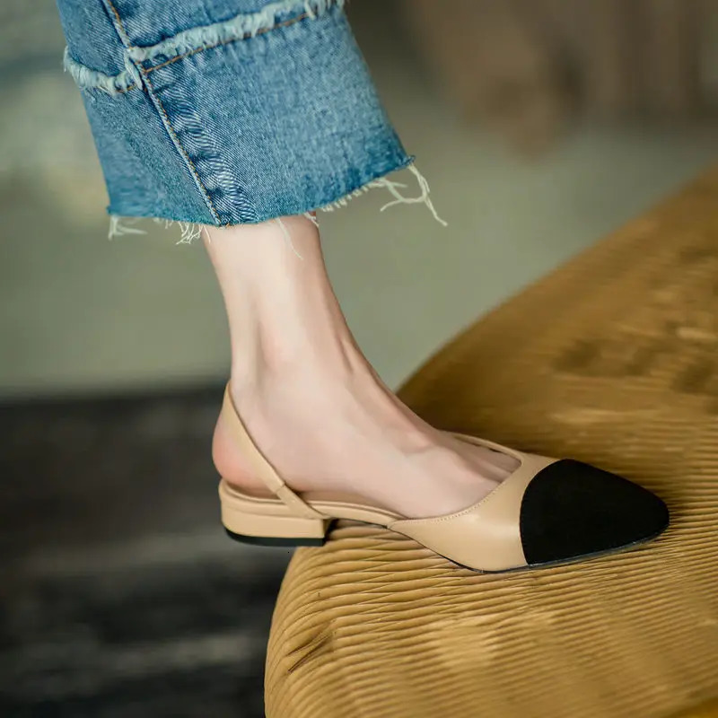 ZUZI Women Sandals Leather Small Fragrant Pumps Female Retro Pointed Toe Hollow Thick Heel Baotou High-heeled Shoes 240619
