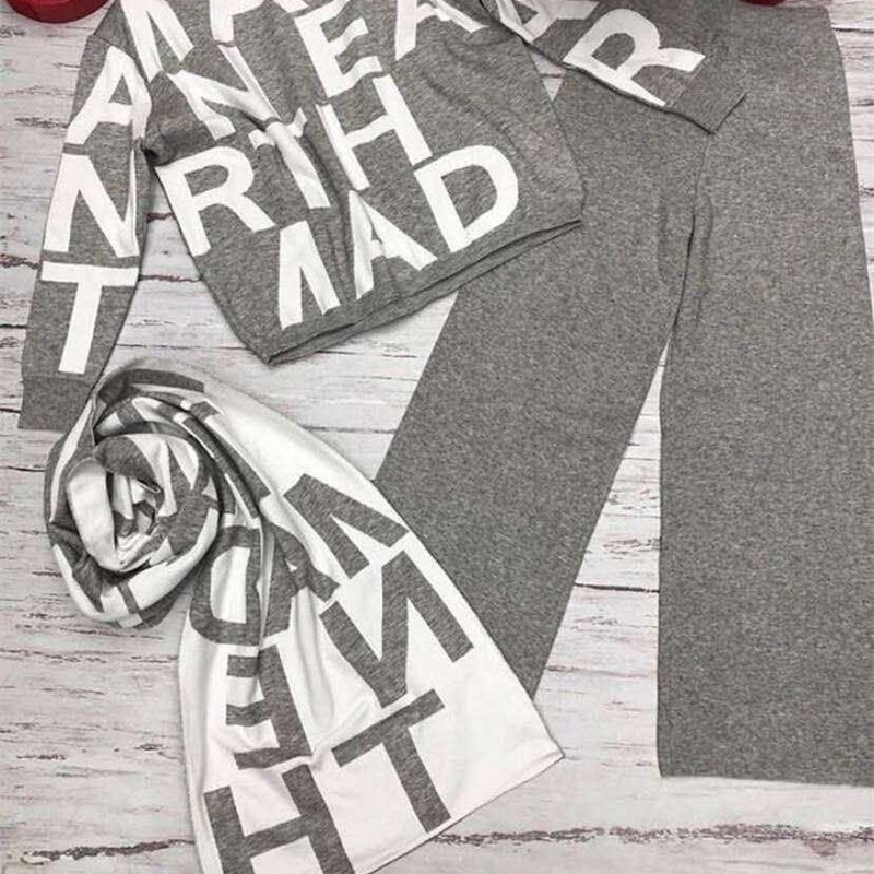 Womens Two Piece Pants Fashion Autumn Women 3 Pieces Sets Casual Letter Print Patchwork Loose Knitted Sweater Shawl Scarf and Wideleg Pants Suits 2209