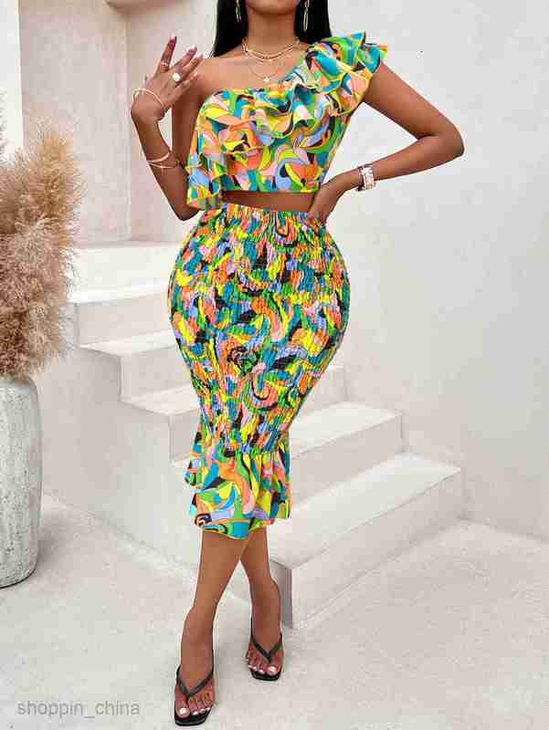 Two Piece Dress Sets Summer Leisure New Women's Wear Skew Shoulder Lotus Leaf Embracing Printed Women's Set