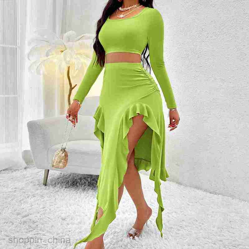 Two Piece Dress Sets Autumn women's solid color round neck long sleeved top ruffled edge skirt set