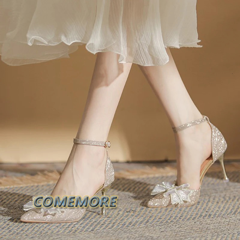 Elegant Silver High Heel Pump Womens 2024 Autumn Plus Size 42 Ankle Shoulder Strap Party Shoes Womens Pointed Toe Butterfly Wedding Gift Shoes 240614