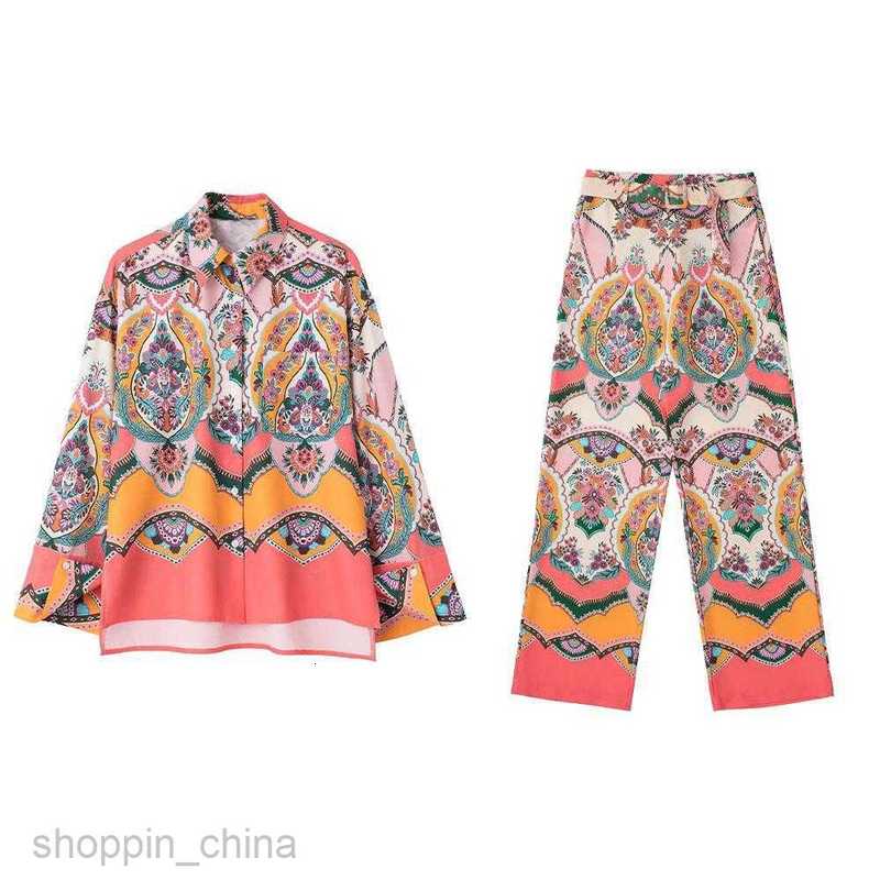Women's Tracksuits Women's pants elegant button printed long sleeved shirt waisted shorts and wide leg pants Sets