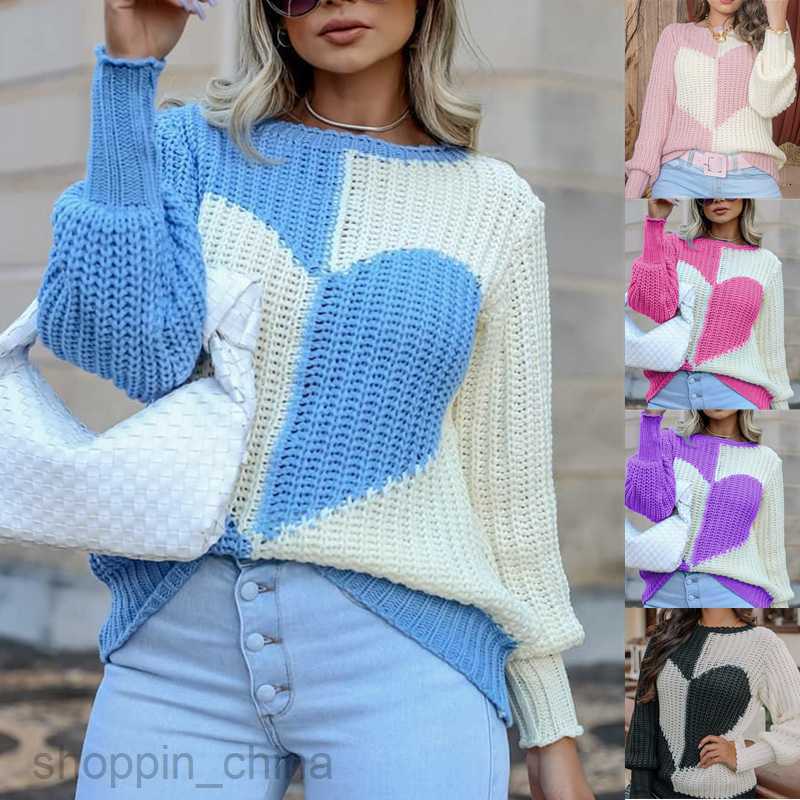 Women's Sweaters autumn and winter new women's elegant horn sleeve love contrast color knitted sweater
