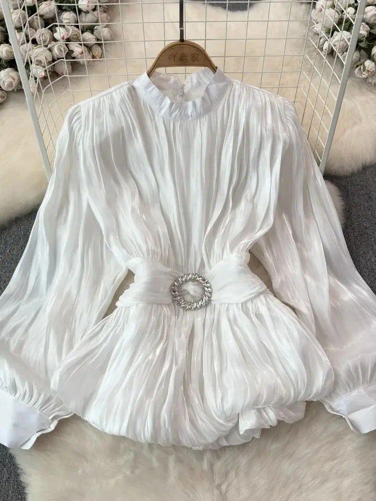 Women's Organza Blouses, French Chic Solid Color, Lace-Up Dias Belt Shirt