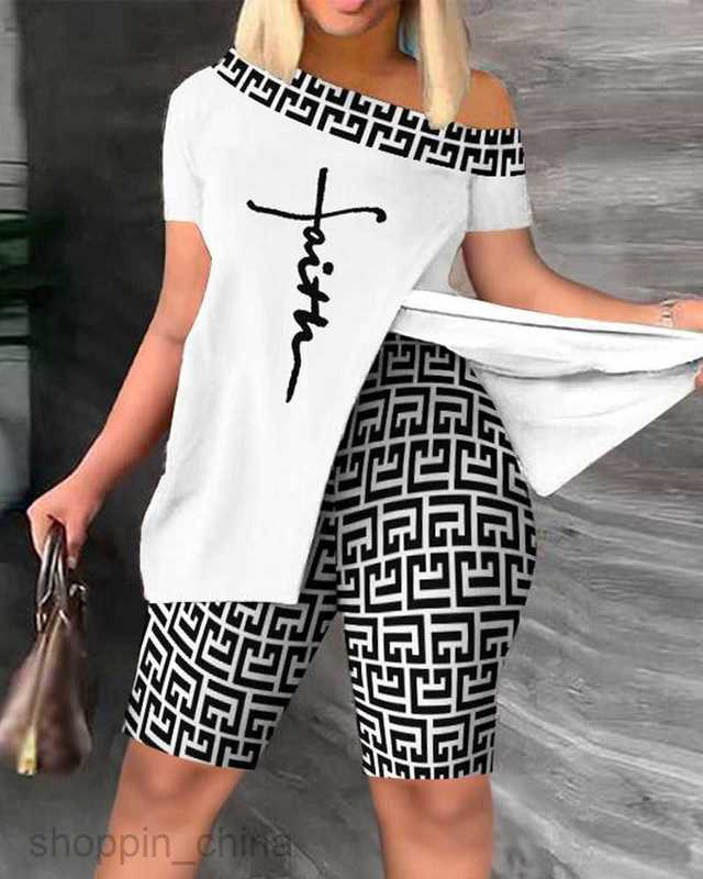Women's Tracksuits Spring/Summer New Women's Slanted Neck Short Sleeve Split Top Shorts Set Sets