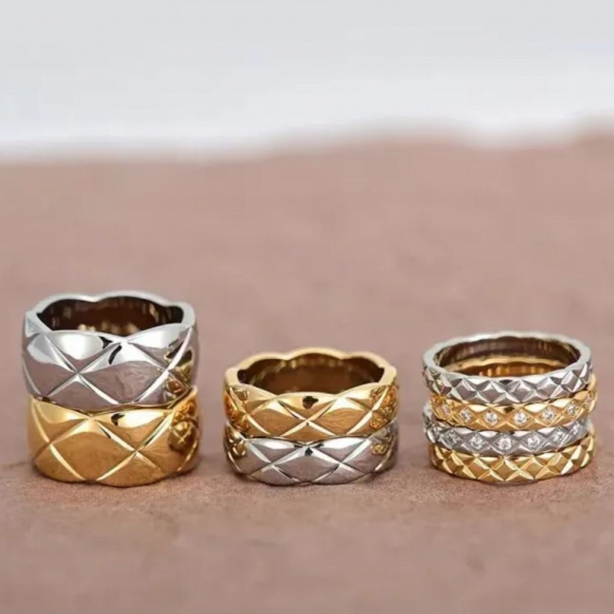 High polished 4mm 6mm 10mm original branded pineapple grid girl Ring 18K Gold Silver Rose Stainless Steel diamond thin wide Ring Women men wedding Jewelry USA size 5-11