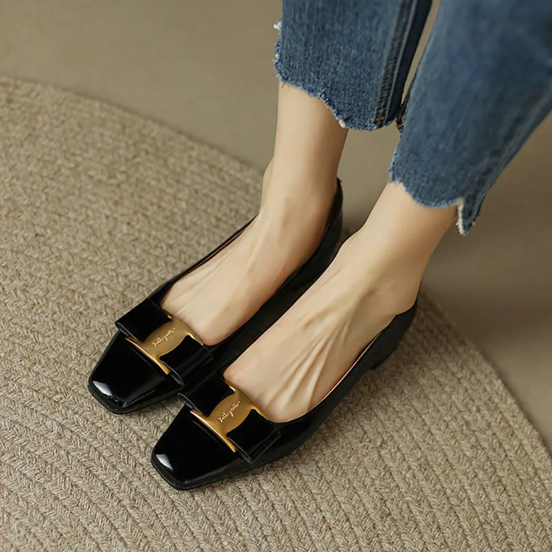 Womens Apartment Elegant Dress Shoes Patent Leather Slippers Square Toe Office Womens Shoes Bow Zapatillas Mujer 9919N 240612