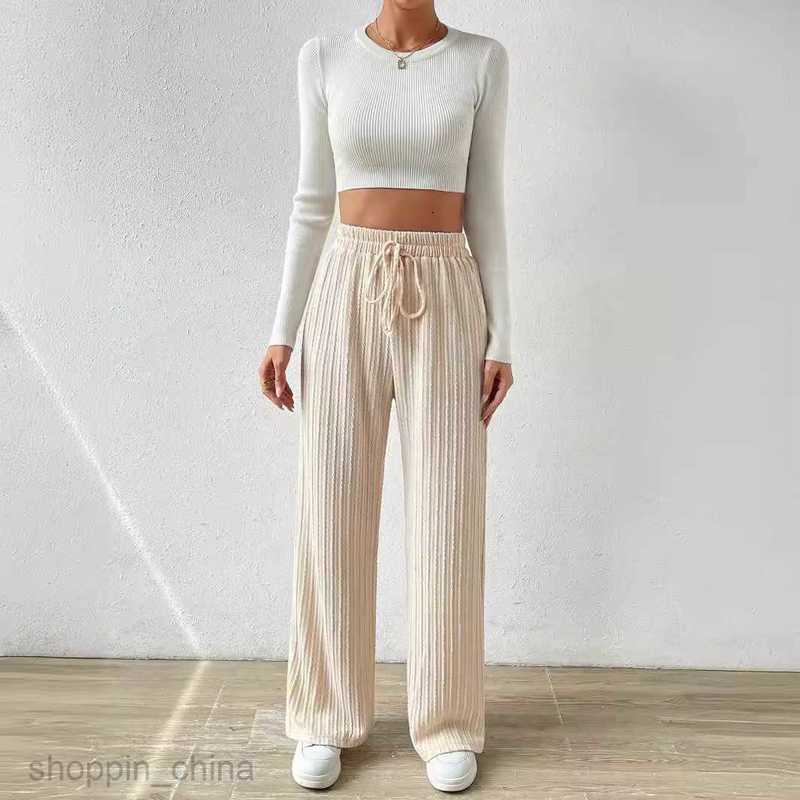 Women's Pants Capris New Waist Texture Knitted Wide Leg Pants Elastic Waist Solid Color Casual Loose Straight Women's Wear