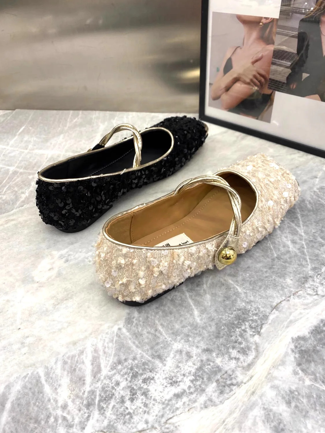 Sparkling Ballet Apartment Womens Costume Tweed Mary Jens Ballet Shoes with sequins on top 240614