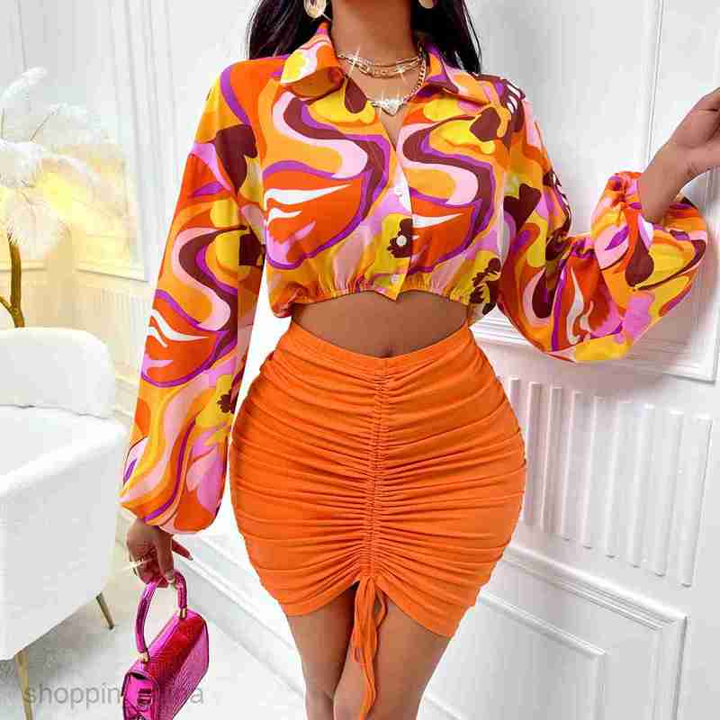 Two Piece Dress Sets Fashionable and Sexy Women's Wear Autumn and Winter New Products Printed waist Long sleeved Shirt Knitted Skirt Set for Wome