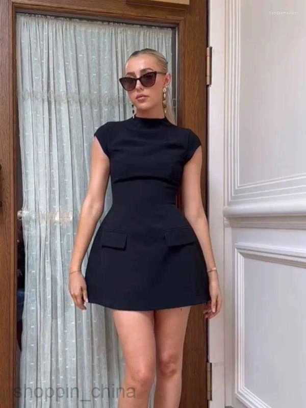Casual Dresses Women Elegant Slim Solid Pockets Mini Dress Fashion O-neck Short Sleeve A-line Office Lady Chic Commuting Robes