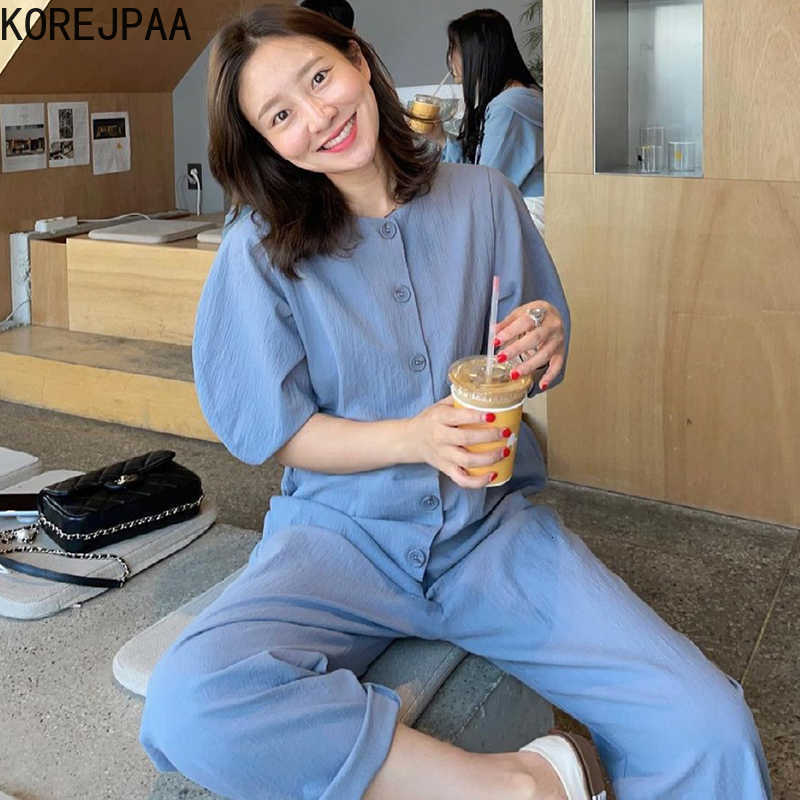 Korejpaa Women Jumpsuits Summer Korean Chic Ladies Niche Round Neck Loose Straight Single-Breasted Lantern Sleeve Jumpsuit 210526