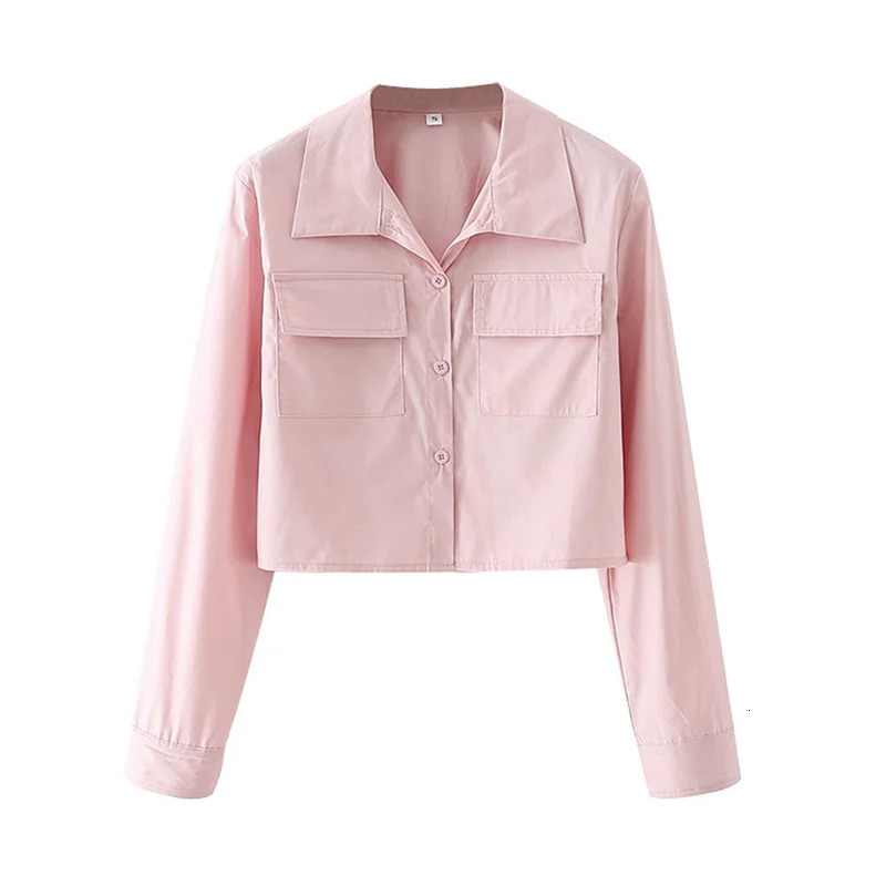 Women Fashion Pink Elegant Pockets Oversized Blouses Vintage Lapel Collar Long Cuffed Sleeves Female Shirts Chic Tops 210520