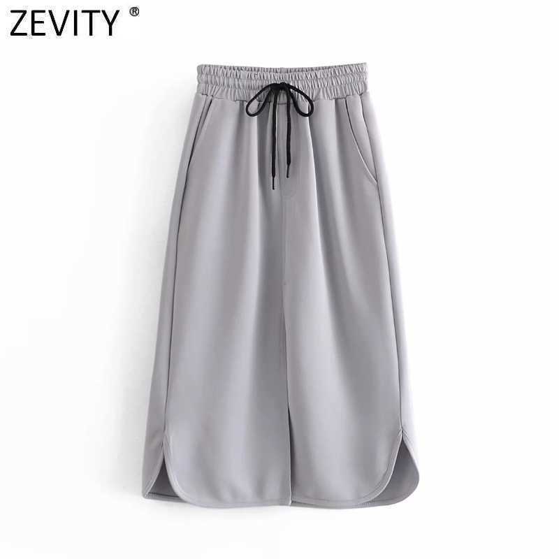 Zevity Women Fashion Solid Color Elastic Waist Sarong Skirt Faldas Mujer Female Split Vestido Pockets Straight Skirts QUN711 210603