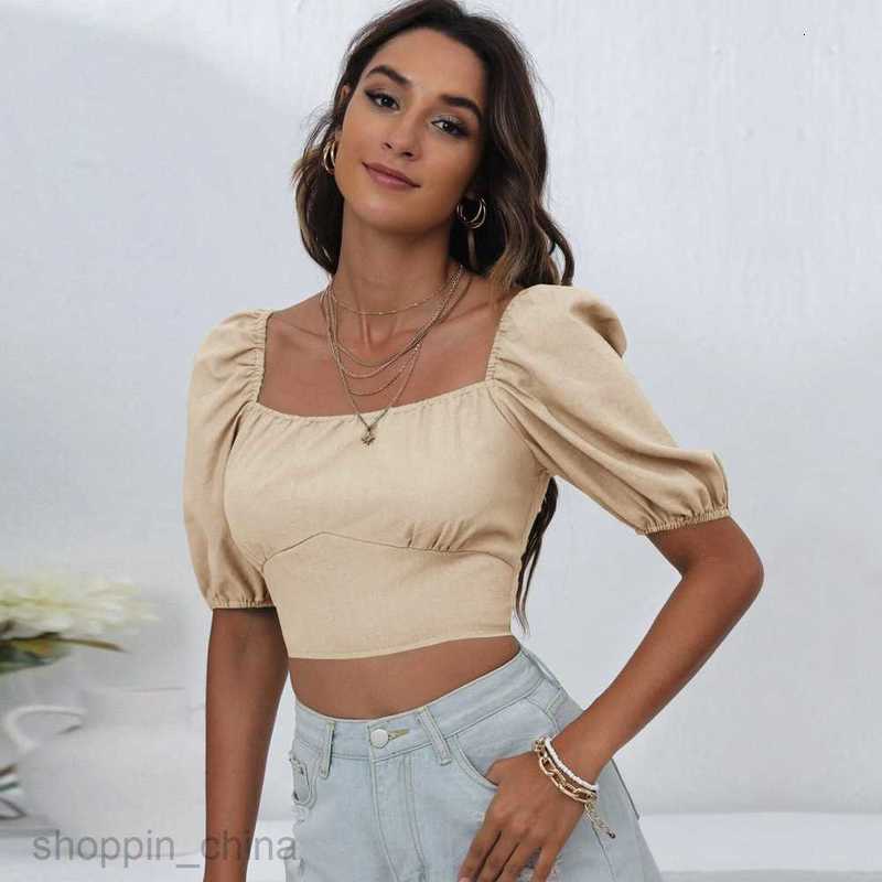 Women's T Shirt Women's Spring/Summer New Square Neck Lantern Sleeves Solid Color Open Back Tie up T-shirt Casual Short Top for Women tees t