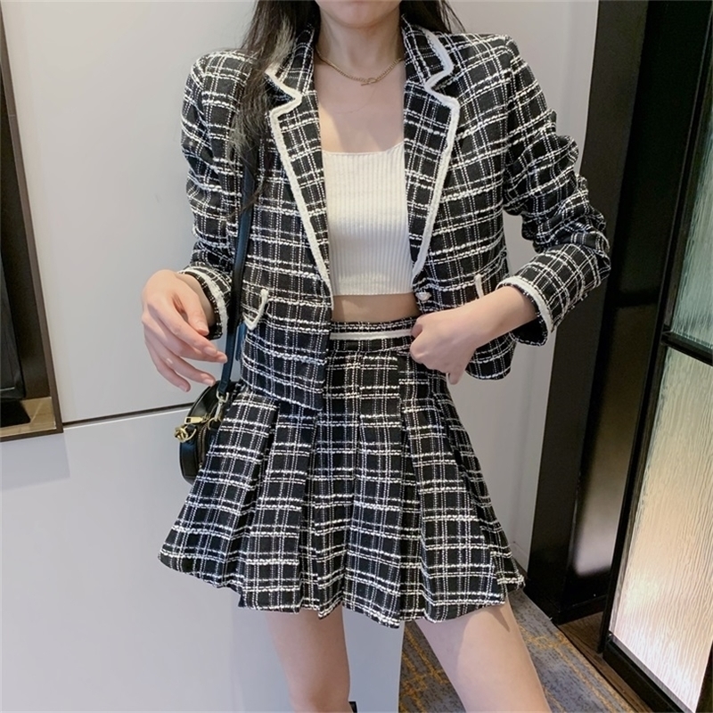 Two Piece Dress Chic Plaid 2 Piece Set Cute Turn Down Collar Candigans Jacket Pearls Button Short Coat Women Aline Pleated Skirts 220906