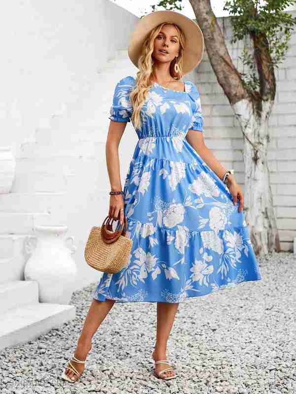 Basic Casual Women Dresses Independently designed new summer women's casual and fashionable diagonal collar floral print fresh dress