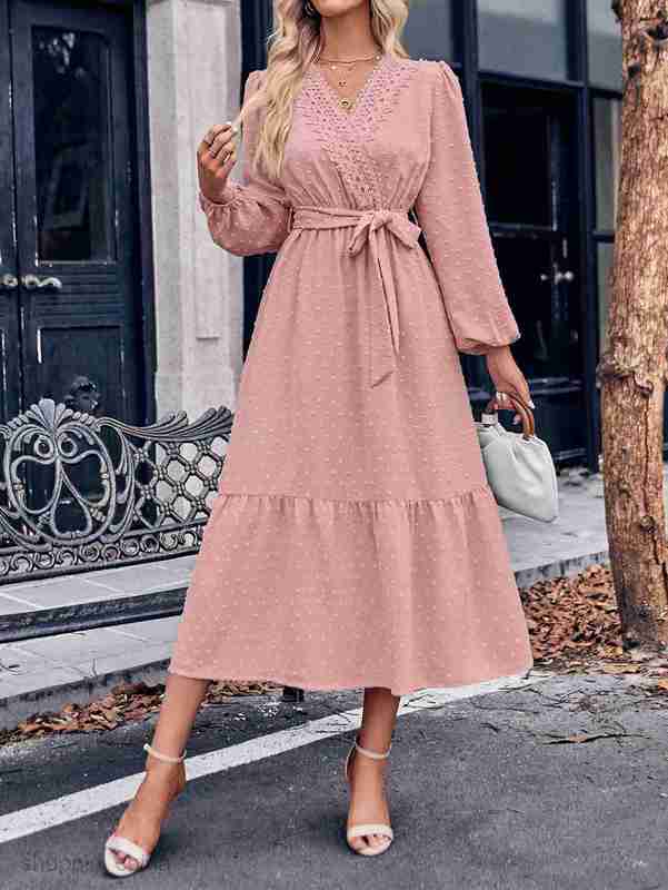 Basic Casual Women Dresses Autumn/Winter Women's New Fashion Solid Color V-neck Lace Waist Tie Dress