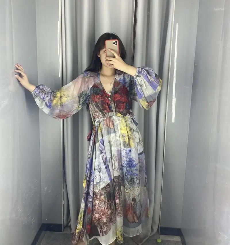 Casual Dresses Printed V Neck Loose Long Sleeved Dress Temperament Fashionable For A Holiday