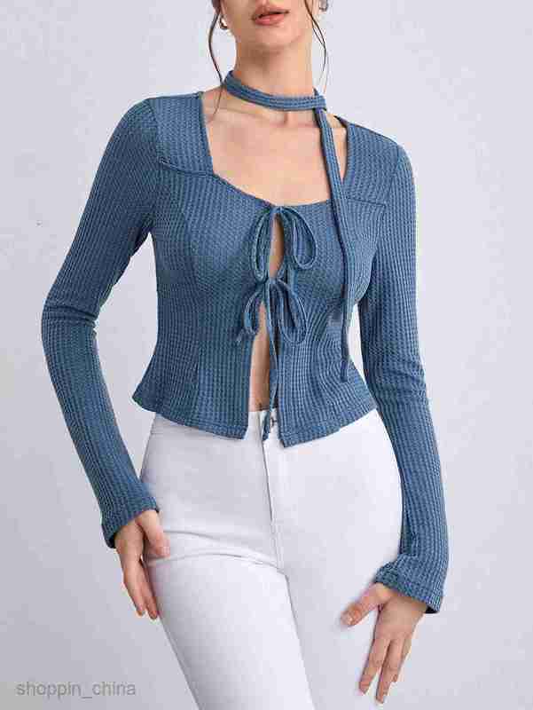 Women's T Shirt Sexy Cardigan Autumn/Winter Women's Lace Hollow Waffle Long sleeved T-shirt Style Top tees tops