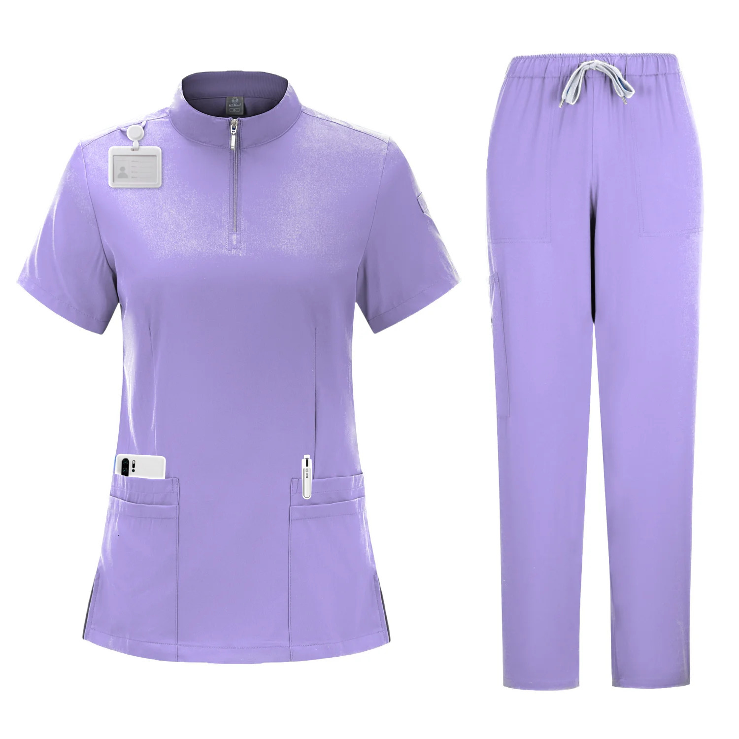 Womens 4-Pocket Zip-Neck Short Sleeve Scrub Top Nurse Uniforms Women Nurses Accessories for Hospital Doctor Uniform 240604