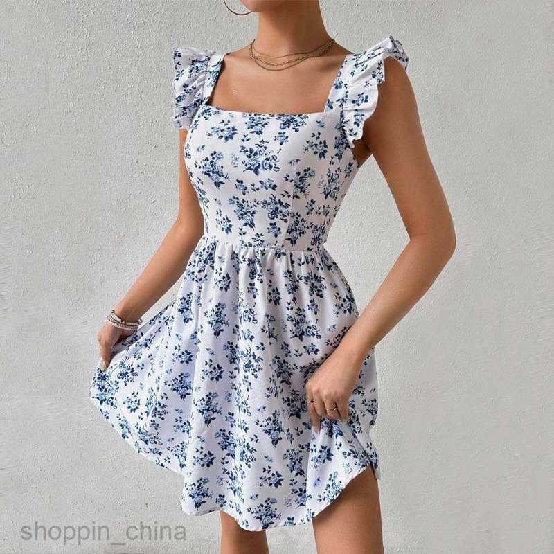 Basic Casual Women Dresses Spring/Summer Sweet Slim Design Large Open Back Lace up Small Flying Sleeves Fragmented Flower Dress