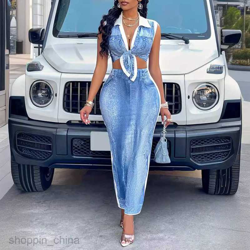 Women's Tracksuits Independently designed and developed sexy women's clothing new summer lapel tie denim print set Sets