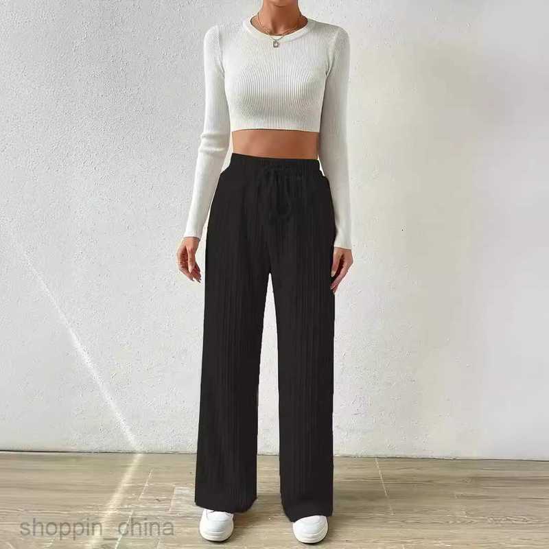 Women's Pants Capris New Waist Texture Knitted Wide Leg Pants Elastic Waist Solid Color Casual Loose Straight Women's Wear