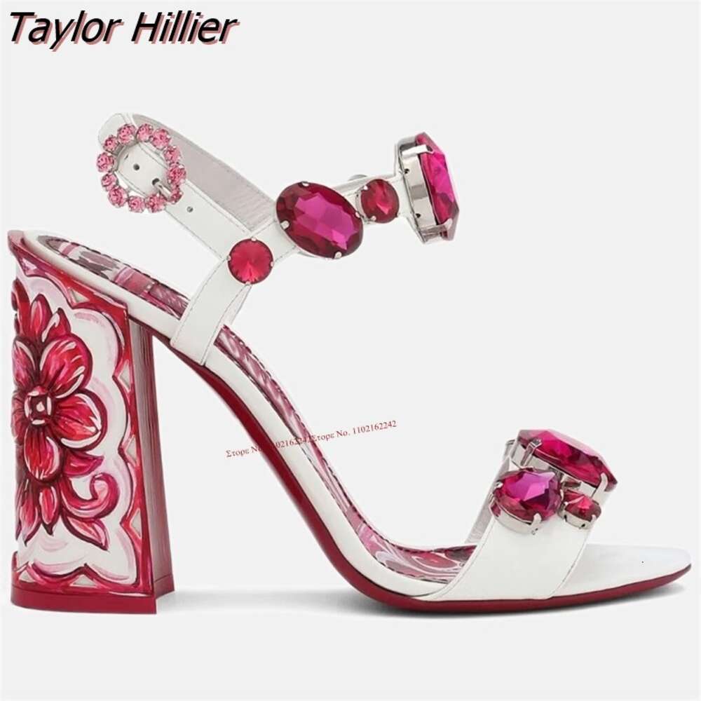 heels sandals Summer New designer shoes Bohemia Rhinestone Thick Heel Sandals Fashion Open Toe Print Gemstone Buckle Strap Dress High Heels Ladies 6Cm