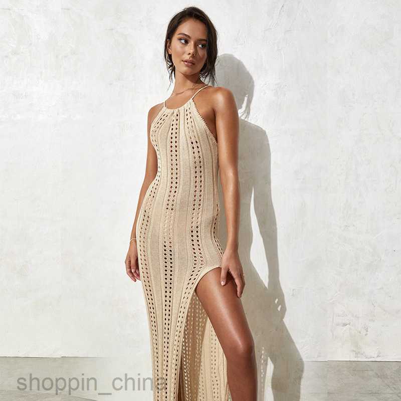 Basic Casual Women Dresses New camisole beach skirt solid color sleeveless knitted hollow out swimsuit vacation sexy slit dress