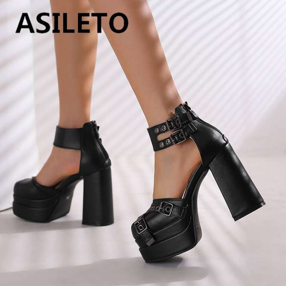 ASILETO Design Women Pumps Square Toe Chunky Heel 12Cm Buckle Strap Zipper Metal Decoration Big Size 48 49 50 Sexy Party Shoes
