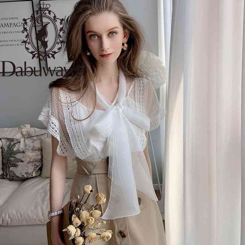 Dabuwawa Elegant White Tie Neck Mesh Sexy Blouse Shirt Women Bow Collar Short Sleeve Ladies Tops And Blouses DT1BST015 210520