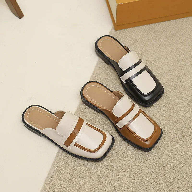 leather Square color Toe Mixed patchwork women slippers thick heel oxford mules shoes woman outdoor lazy slides big size 43