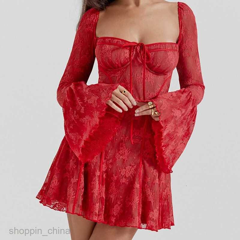 Casual Dresses Vintage Floral Lace Mini Dress For Women Elegant Flare Long Sleeve A-line Autumn Sexy Prom Evening Party Short Gown 7654D