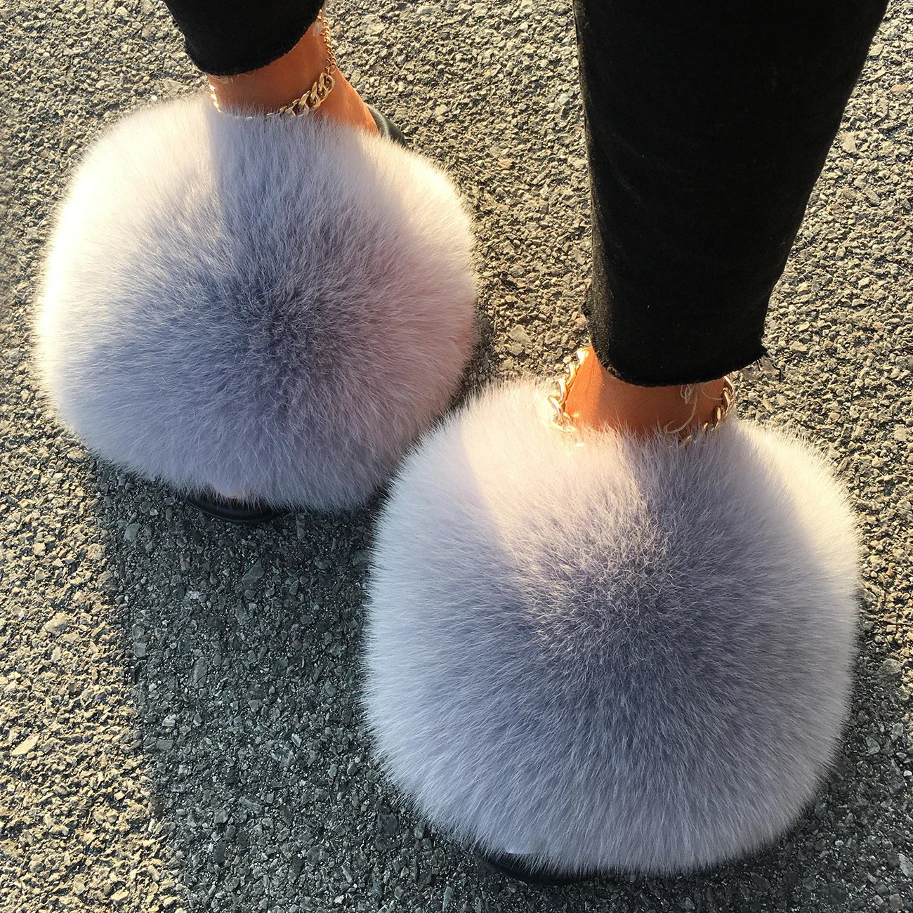 Extra Large Fur Slippers Fox Raccoon Slides Flat Flip ps Beach Sandals Cute Plush Hair Furry Shoes Woman 9s