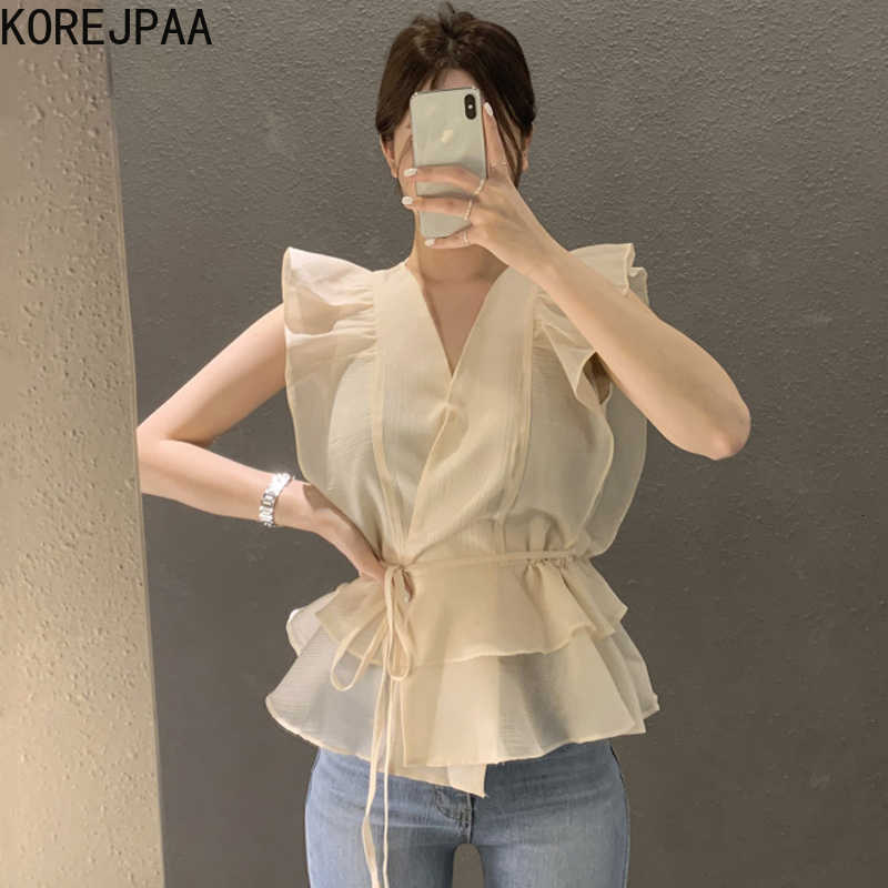 Korejpaa Women Shirt Summer Korean Chic Gentle Temperament Cross V-Neck Ruffle Stitching Lace-Up Waist Blouses 210526