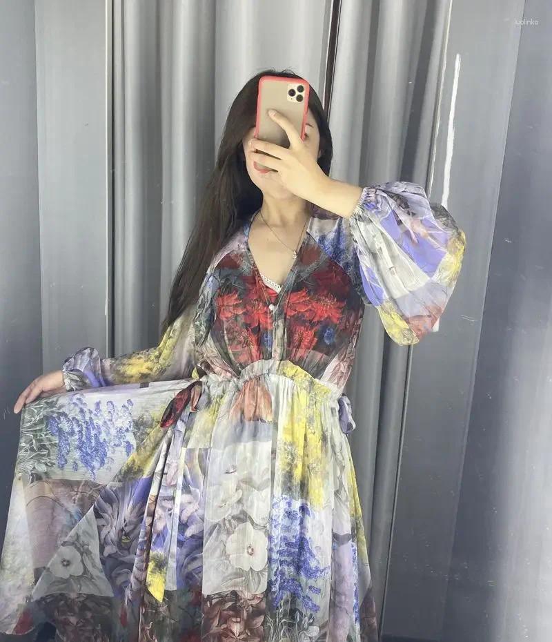 Casual Dresses Printed V Neck Loose Long Sleeved Dress Temperament Fashionable For A Holiday