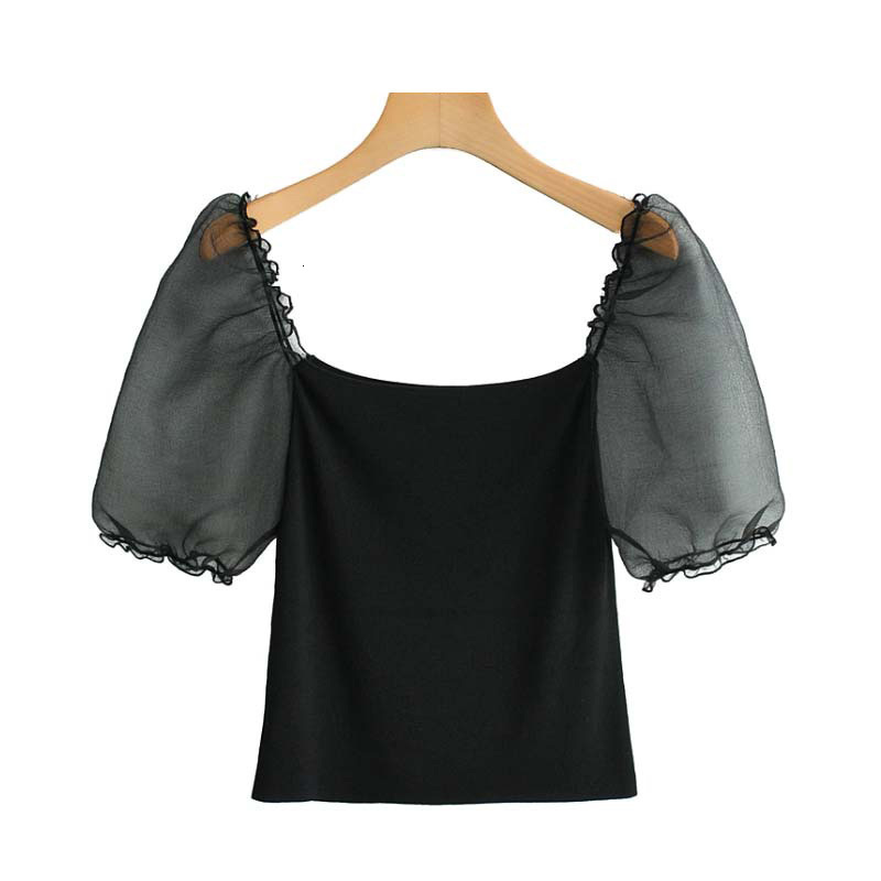 Chic Patchwork Stretchy Short Blouses Women Stylish Square Collar Mesh Puff Sleeve Ladies Shirts Casual Blusa Mujer 210520