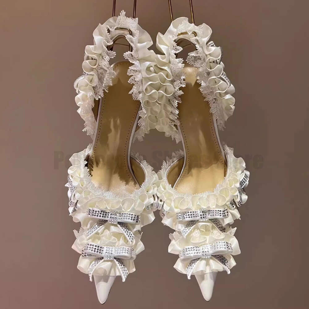 Rhie Bow Pink Satin High Heel Sandals For Women New Pointed Toe Single Sexy Lace Decorative Pumps Ladies Shoes