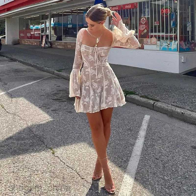 Casual Dresses Vintage Floral Lace Mini Dress For Women Elegant Flare Long Sleeve A-line Autumn Sexy Prom Evening Party Short Gown 7654D
