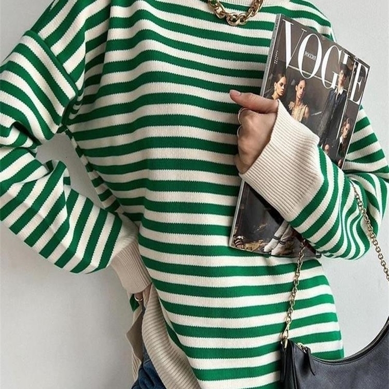 O Neck Vintage Striped Sweater Pullovers For Women Casual Loose Long Sleeves Jumpers Autumn Female Drop Shoulder Kintting Tops 220817