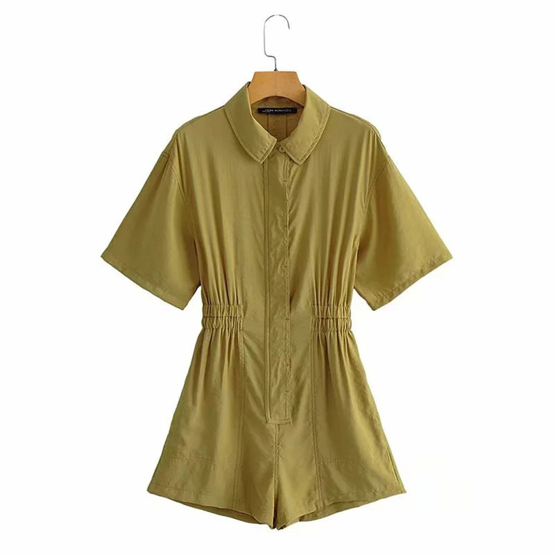 BBWM Women Vintage Turn Down Collar Short Sleeve Shirt Playsuits Femme Chic Elastic Waist Casual Slim Vestido 210520