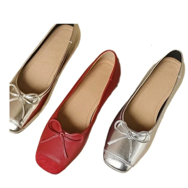 French Silver Mary Shoes Womens Light Mouth perfume Style Bow Single Shoes Mild Ballet Flat Shoes Womens 240614