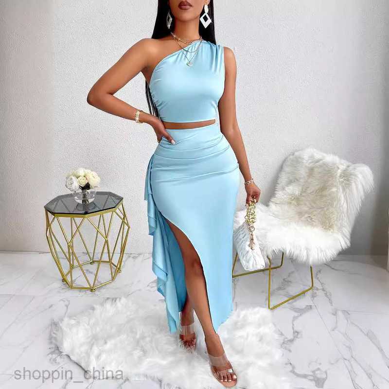 Two Piece Dress Sets Summer New Sexy Style Women's Solid Color One Shoulder Top Ruffle Edge Half skirt Set