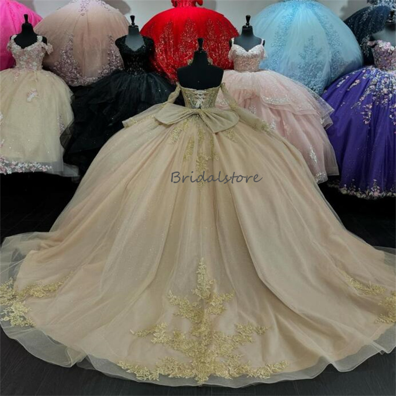 Puffy Gold Quinceanera Dresses 2024 Vestidos De 15 Quinceanera Masquerade Sixteen Birthday Party Dress Vestido De Xv Debutante Flare Sleeves Lace Page