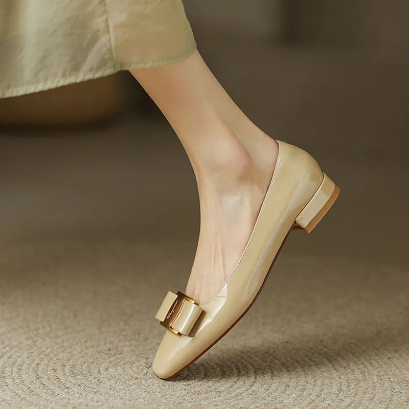 Womens Apartment Elegant Dress Shoes Patent Leather Slippers Square Toe Office Womens Shoes Bow Zapatillas Mujer 9919N 240612