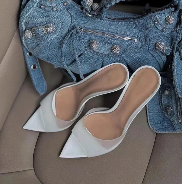 Sexy Women French Nude Shiny Patent Leather Pointed Peep Toe Shallow Slip On Slippers 5 8 10 CM Thin Heels Slide Party Sandals 240614