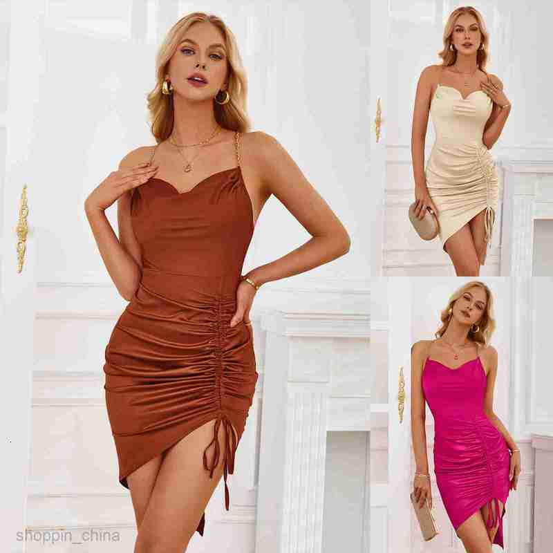 Basic Casual Women Dresses Summer US Station Women's Wear New Solid Color Pocket Neck Drawstring Sling Dress