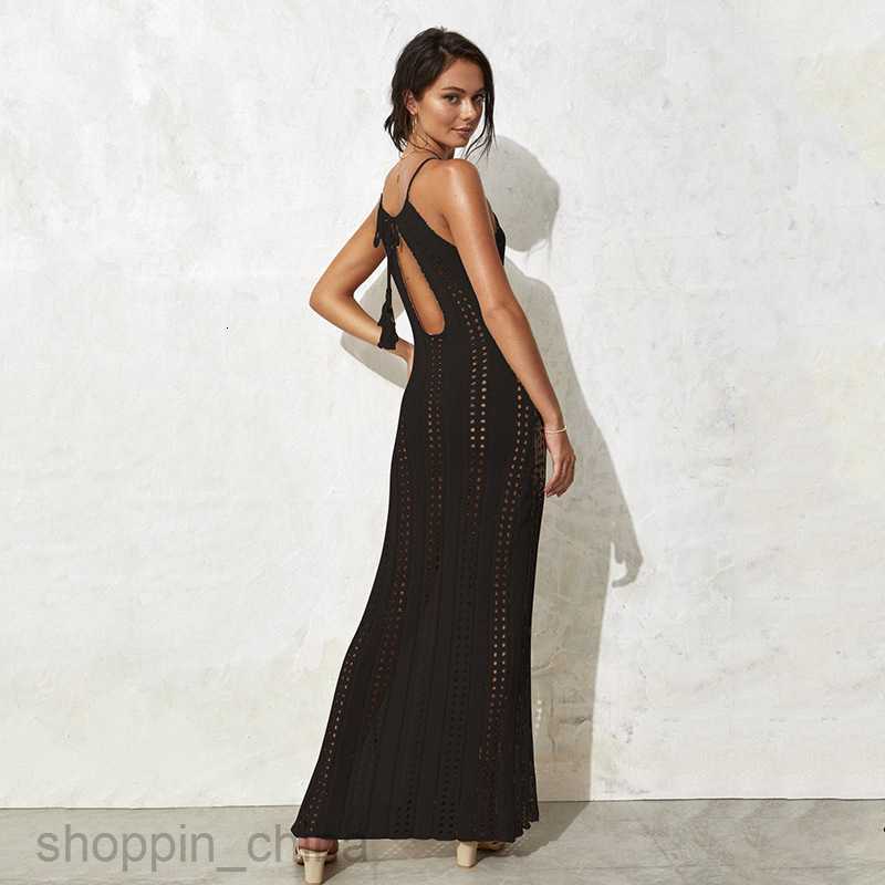 Basic Casual Women Dresses New camisole beach skirt solid color sleeveless knitted hollow out swimsuit vacation sexy slit dress